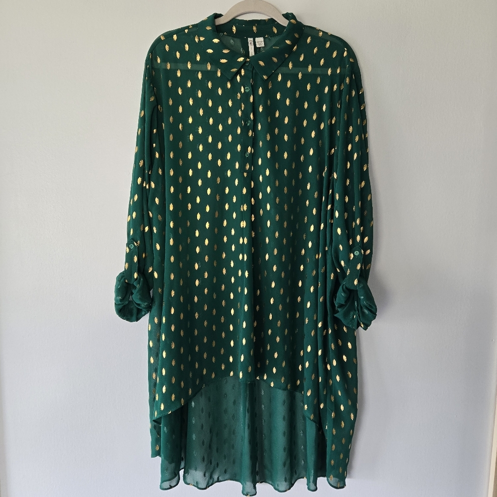 Cato Green Metallic Gold Semi Sheer High-Low Tunic Blouse Top Plus Size 22/24W